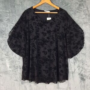 Womens Top 3XL Black Velvet Burnout Whimsigoth Floral Mesh Fairy Grunge Blouse